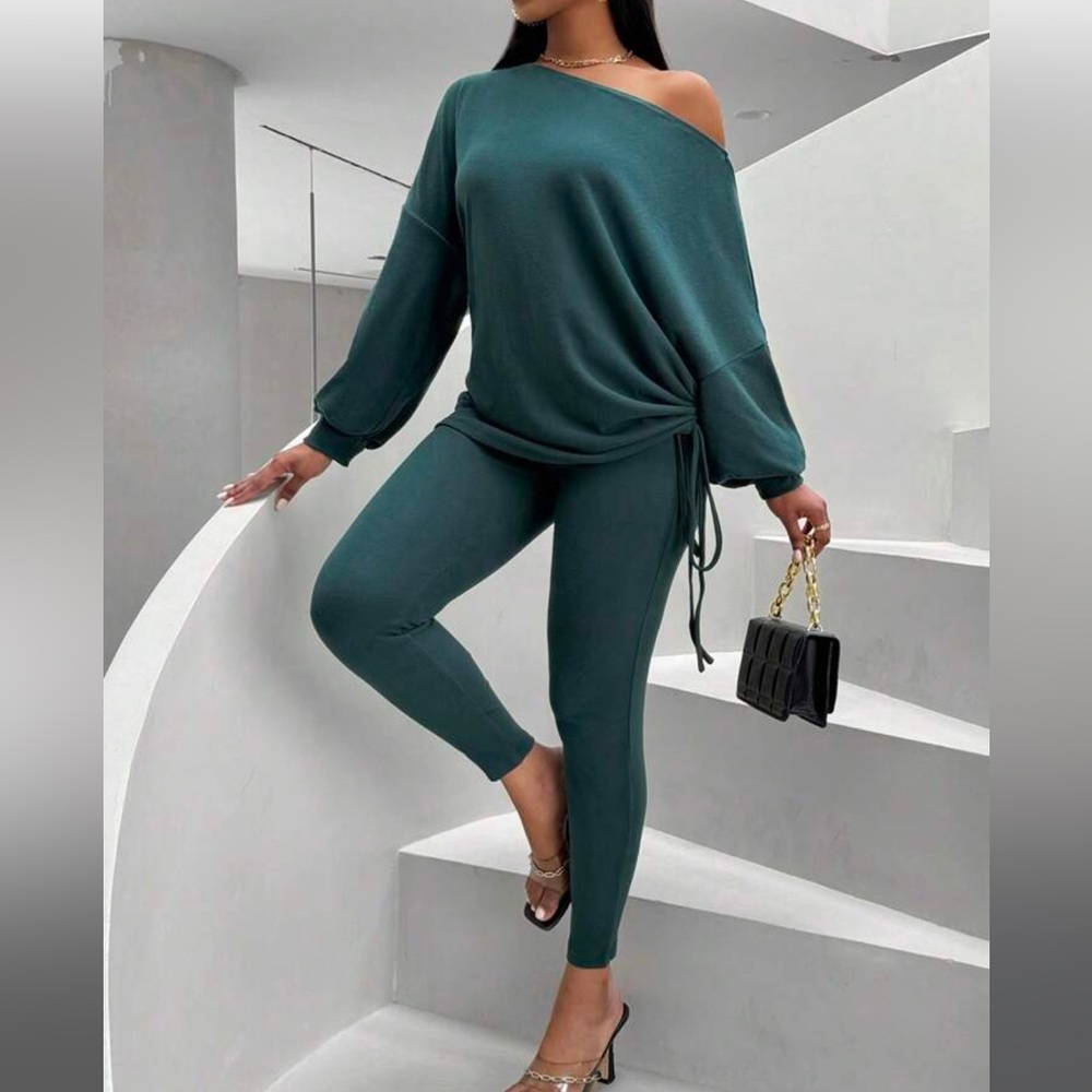 SHEIN Foxxy Women's Asymmetric Loose Casual Top & Skinny Pants Two-Piece Set XS